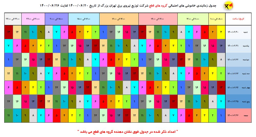 جدول خاموشی‌های احتمالی تهران از امروز