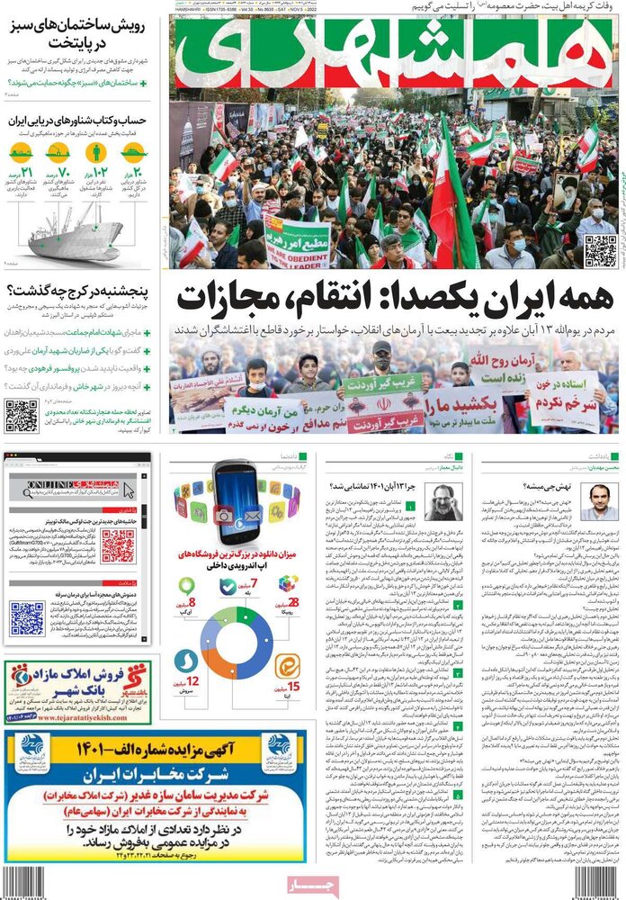 صفحه اول روزنامه های شنبه ۱۴آبان ۱۴۰۱